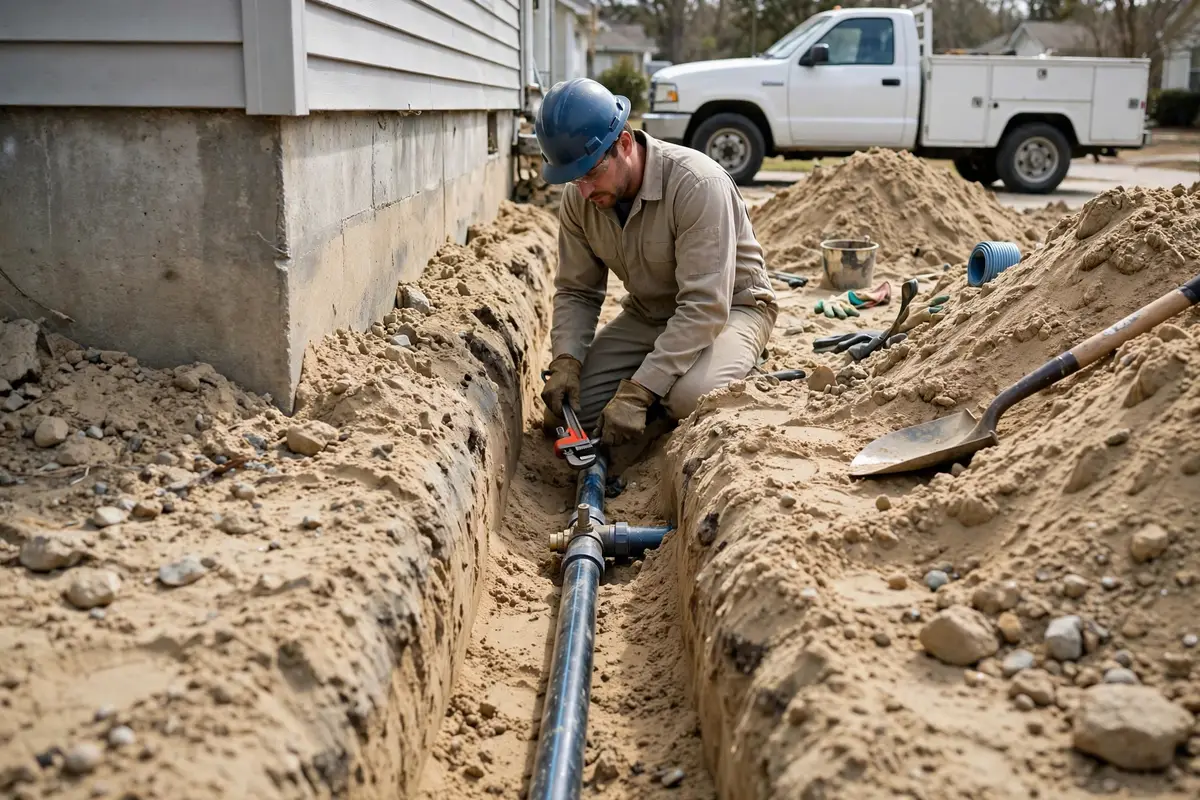 Shallow trench along a foundation exposing a pipe under repair