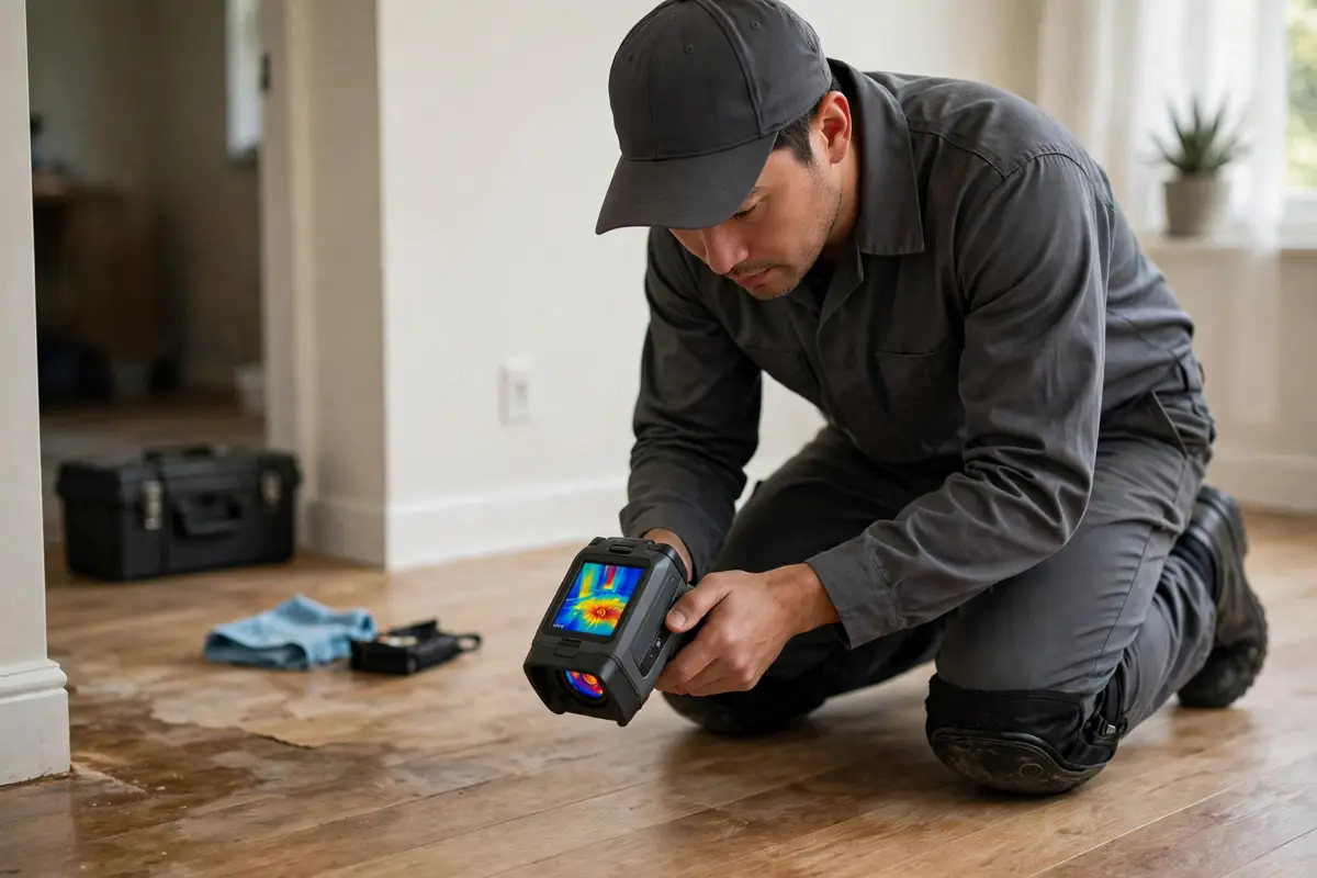Technician scanning a floor with a thermal camera during leak detection