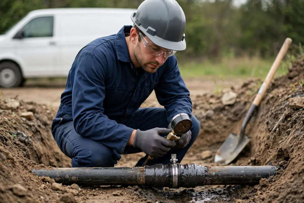 Technician pressure testing a repaired water line with a gauge