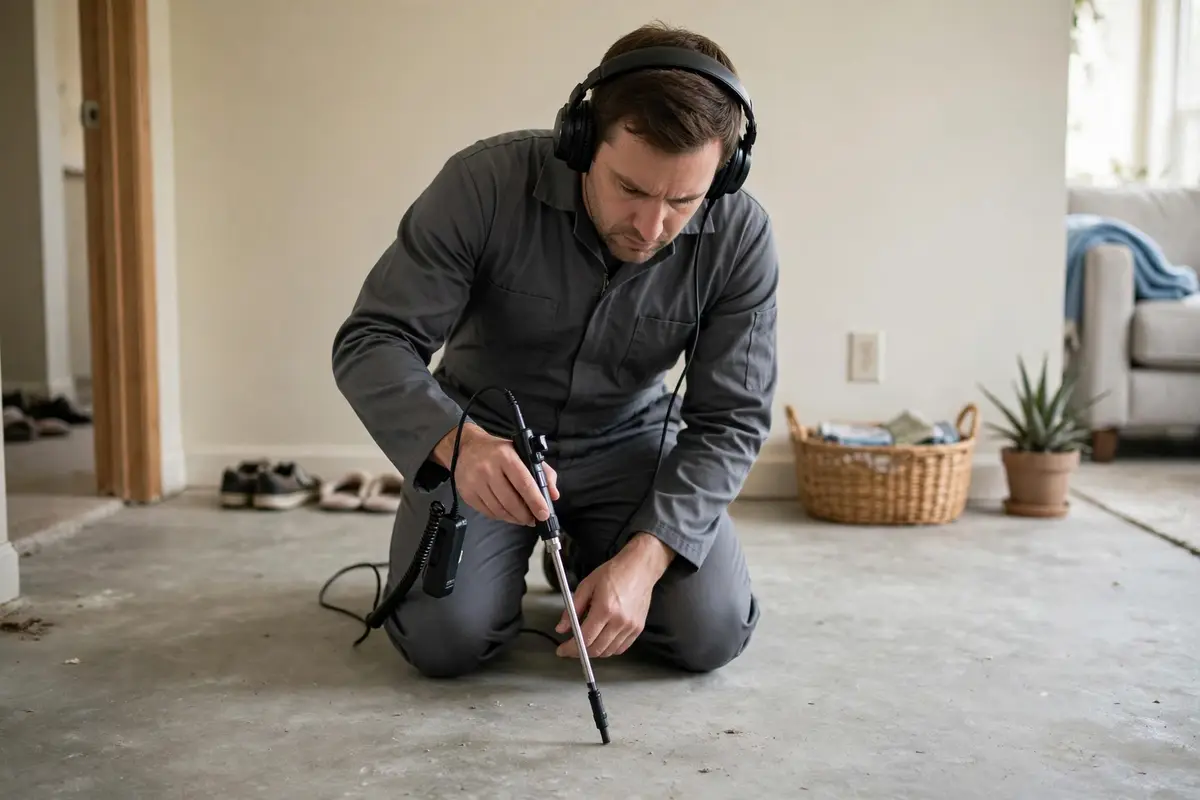 Technician using an electronic listening probe on a concrete floor