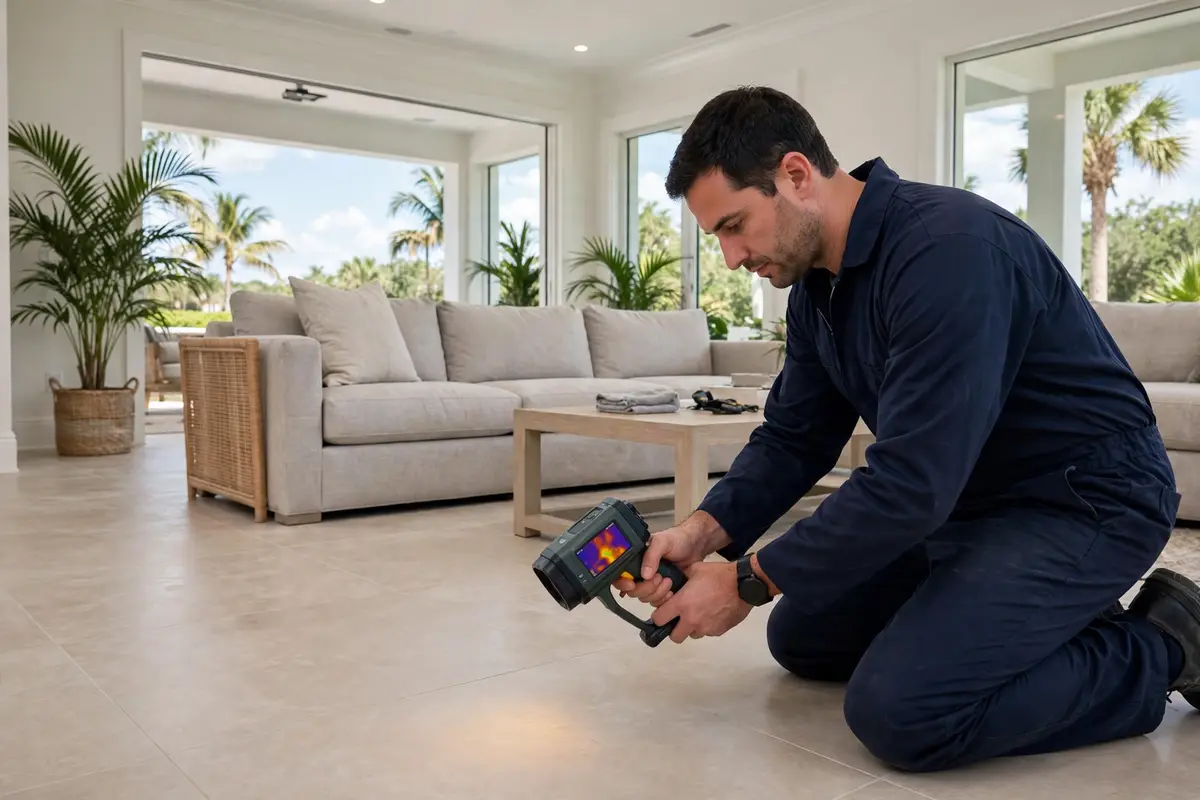 Technician scanning a Lakewood Ranch tile floor with a thermal camera