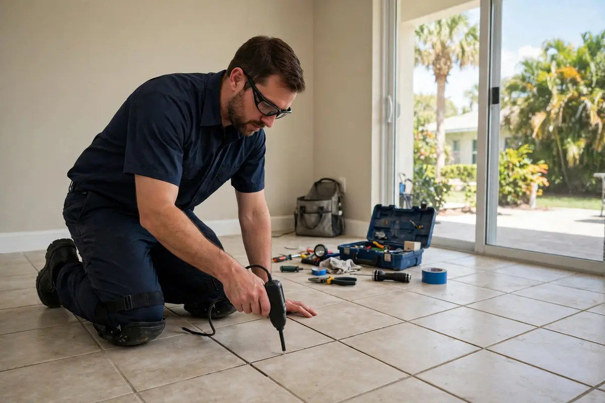 Technician checking a Sarasota home floor for a slab leak