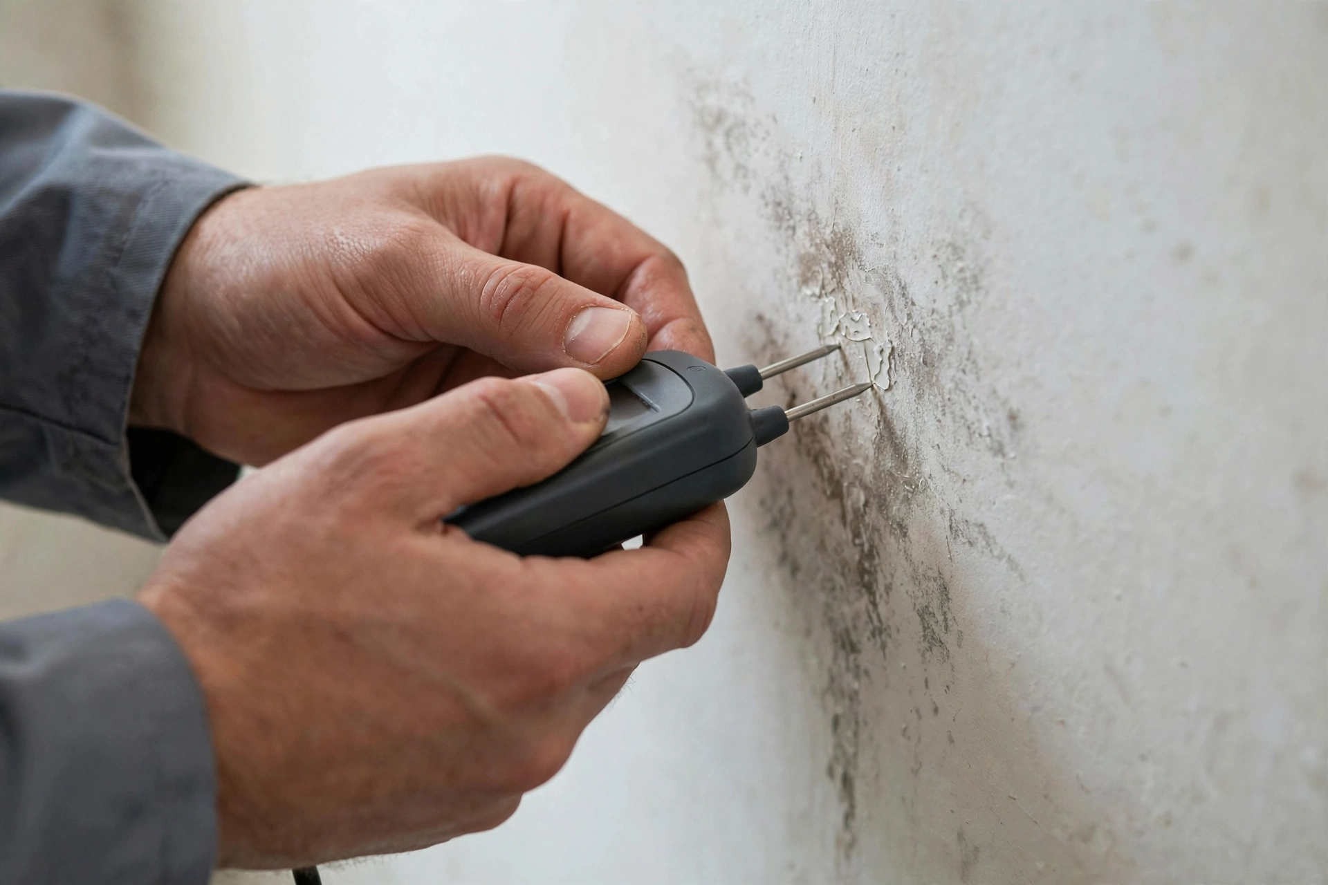 Technician holding a moisture meter against a wall to trace a leak