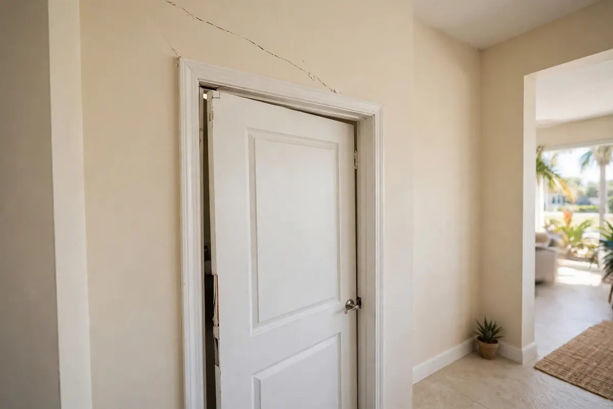 Diagonal drywall crack above a door that no longer sits square in its frame