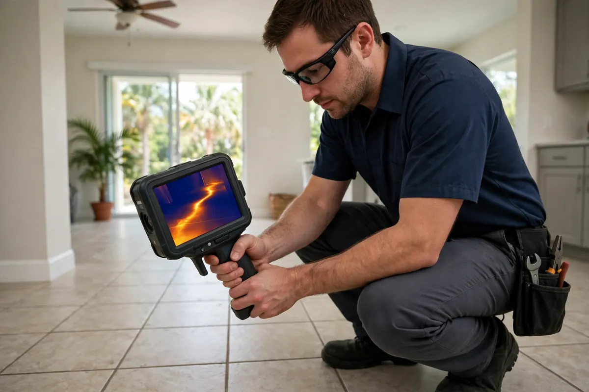 Technician scanning a tile floor with a thermal imaging camera