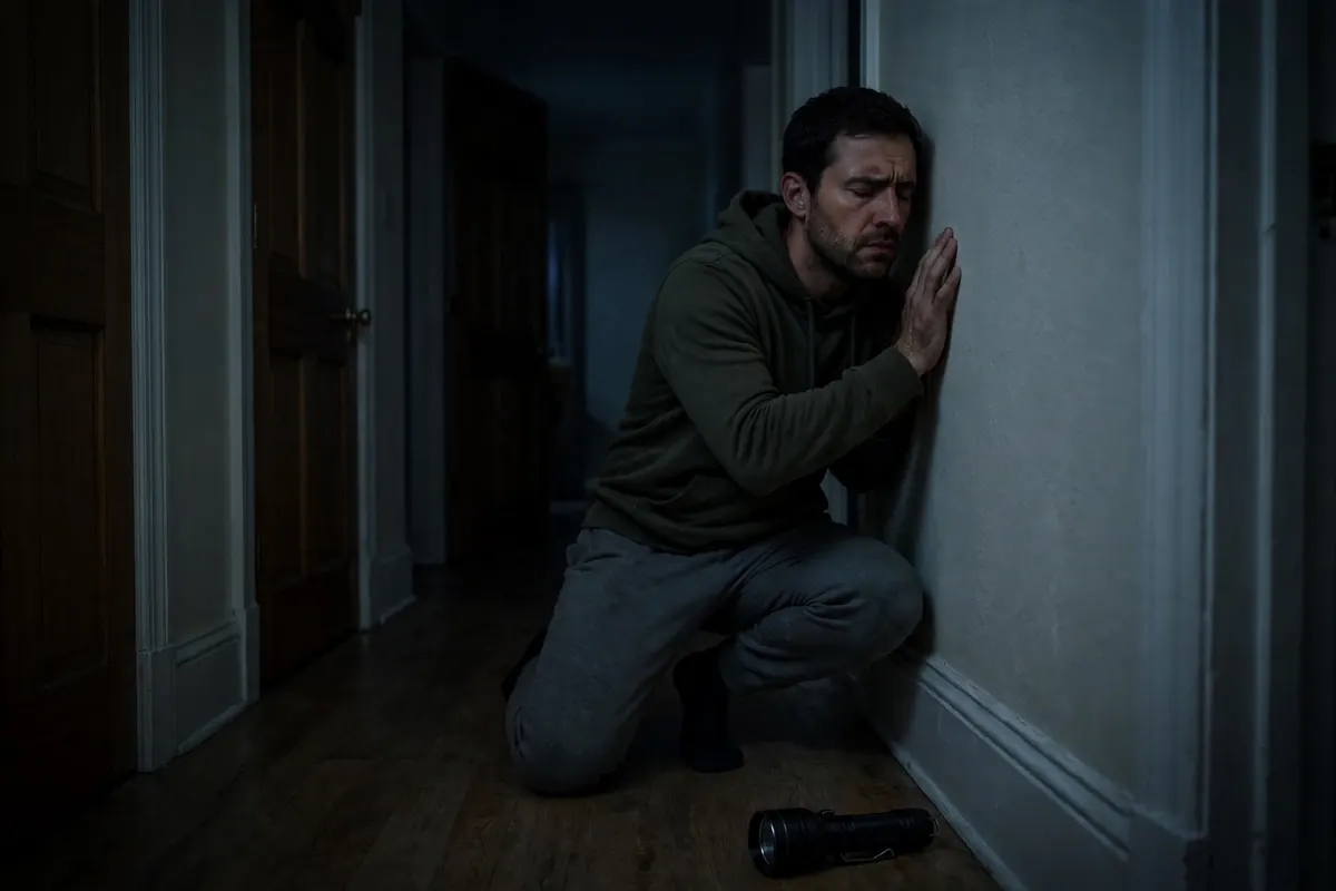 Homeowner listening at a hallway wall at night with a flashlight on the floor
