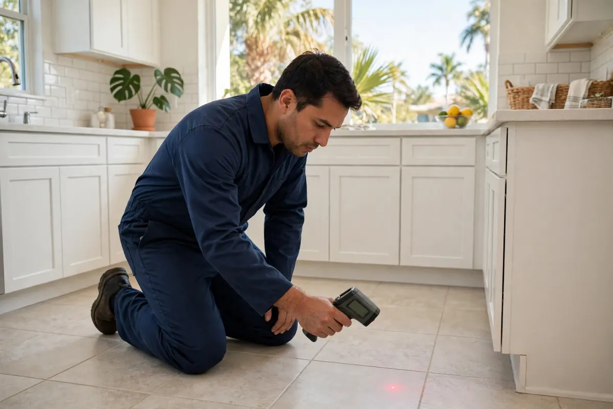 Technician measuring floor temperature with an infrared thermometer in a kitchen