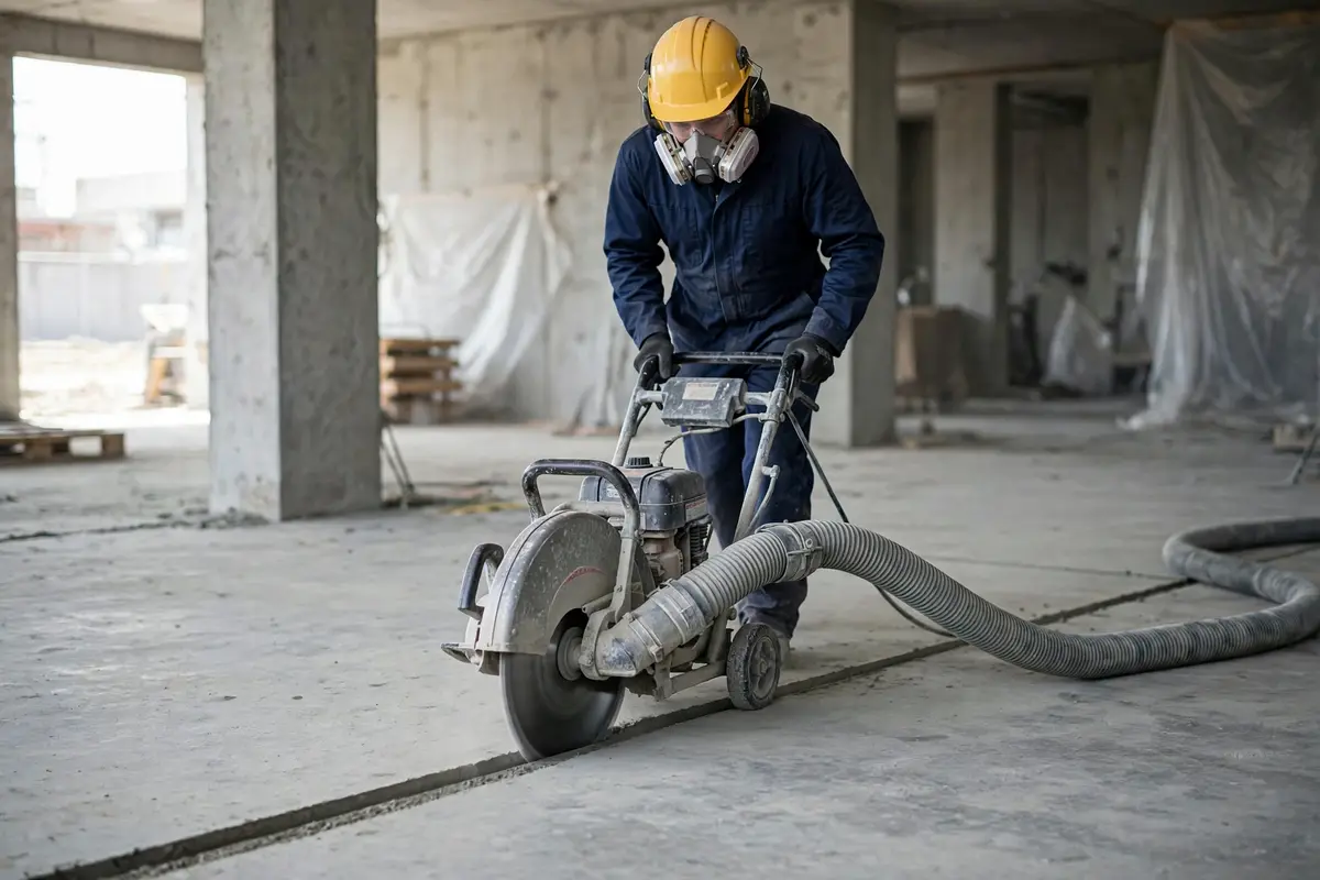 Technician cutting a concrete floor with a concrete saw