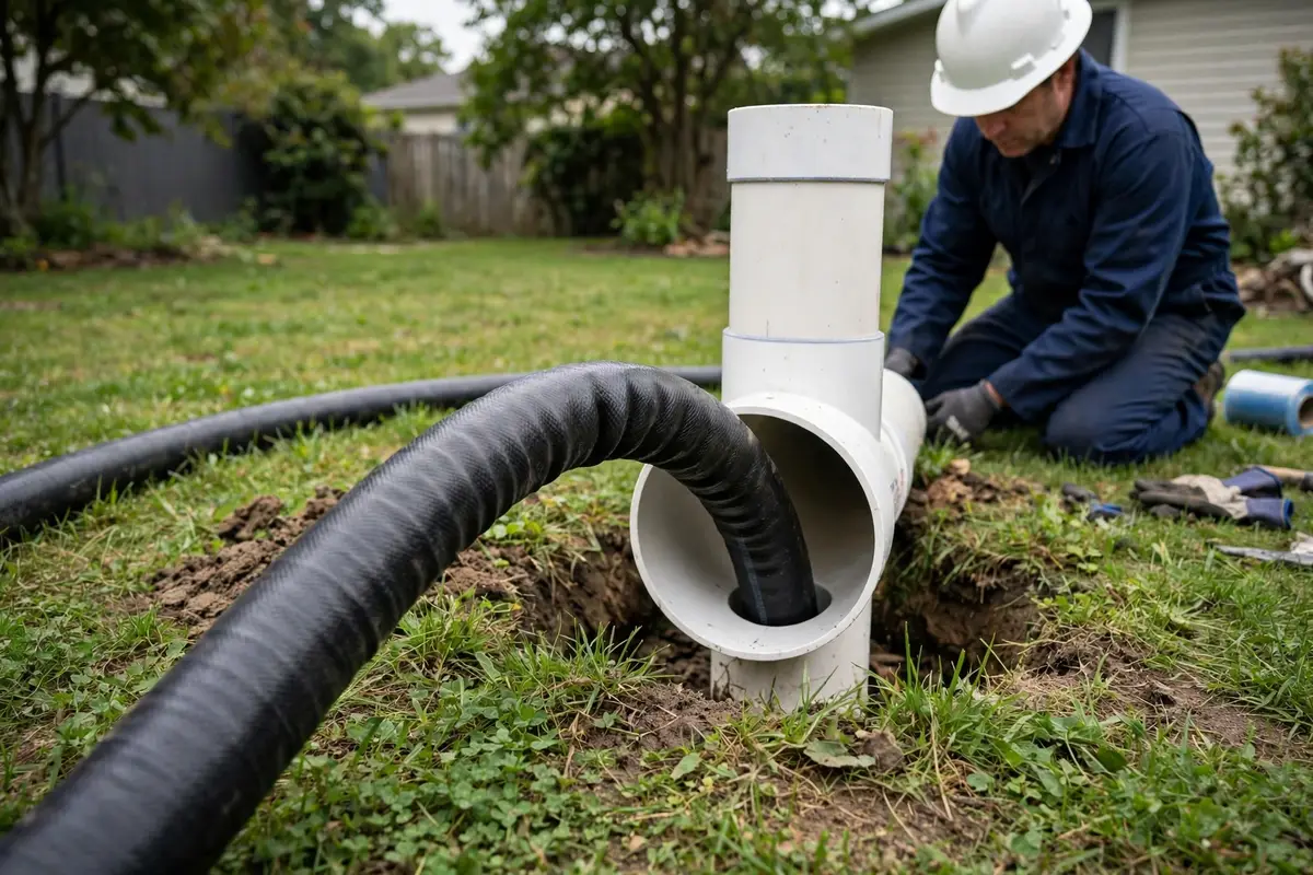 Epoxy lining hose feeding into a pipe cleanout