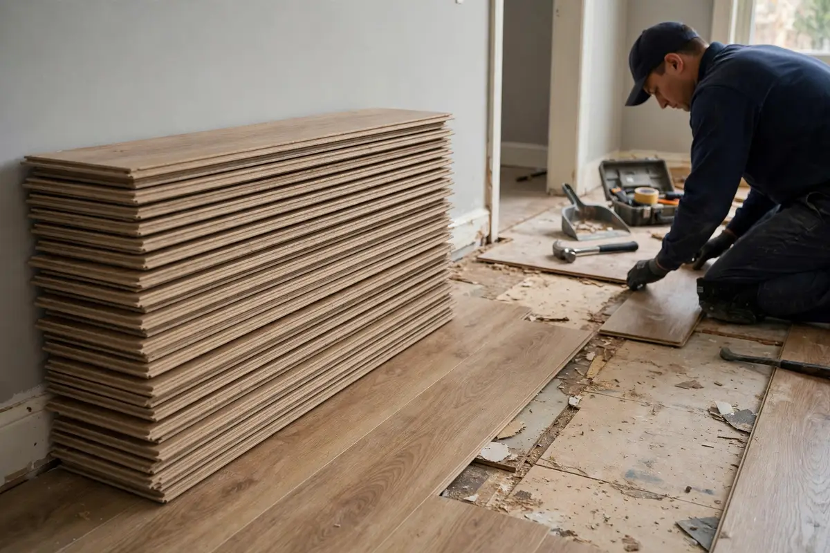 New flooring planks stacked beside a repair area