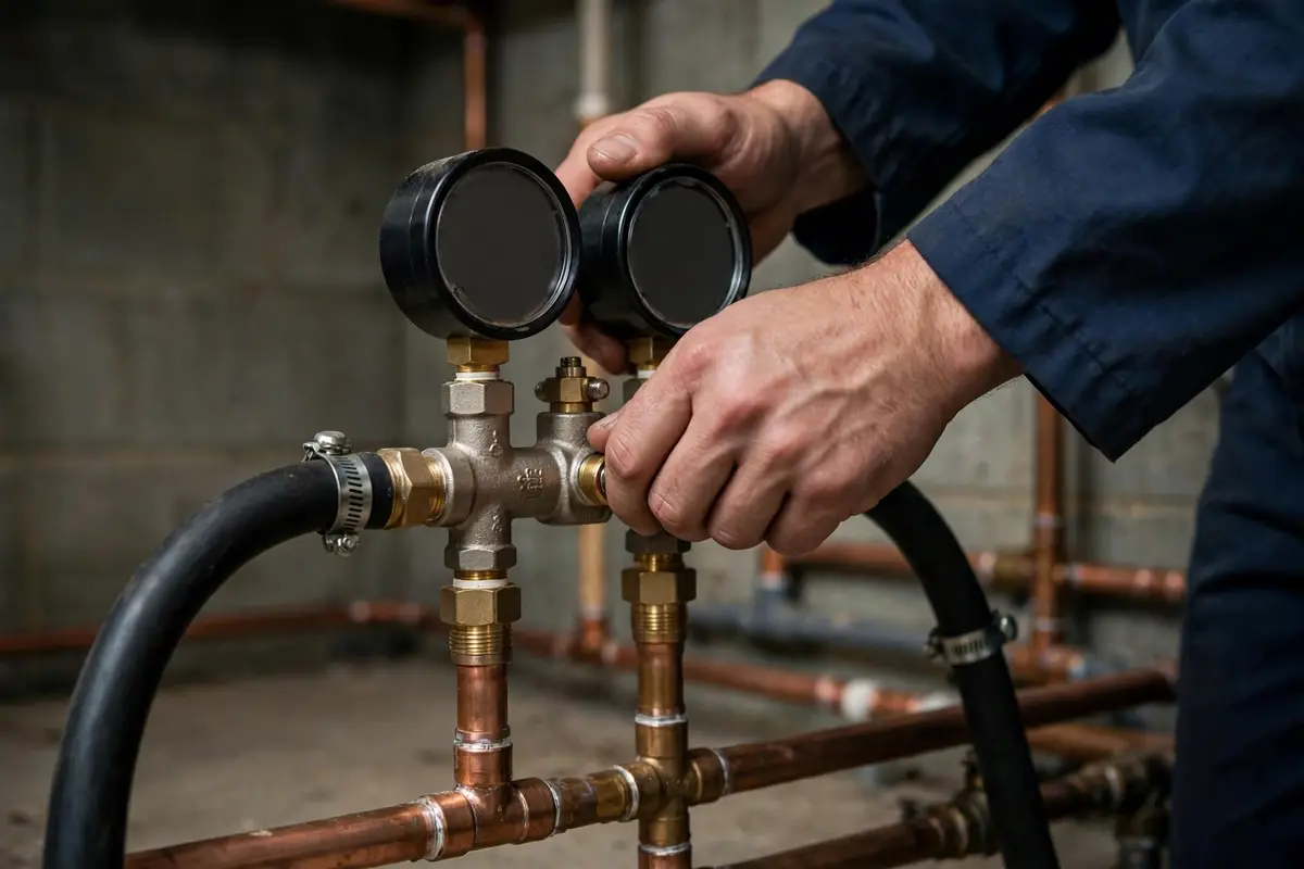 Pressure testing equipment connected to a home water line