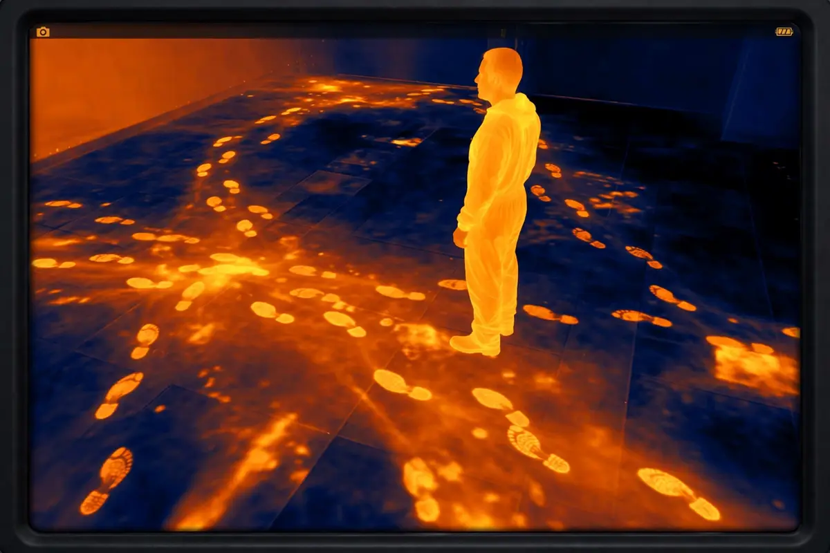 Thermal camera screen showing a warm leak pattern on a floor
