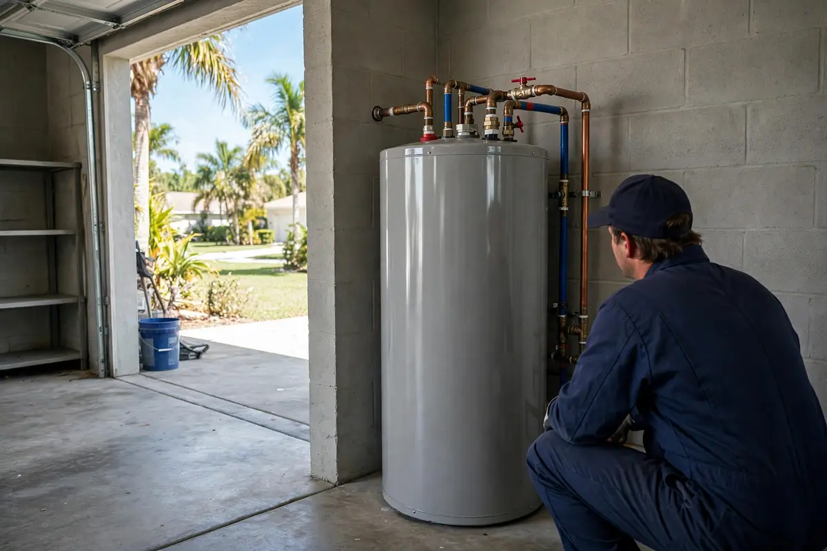 Water heater in the corner of a Florida garage