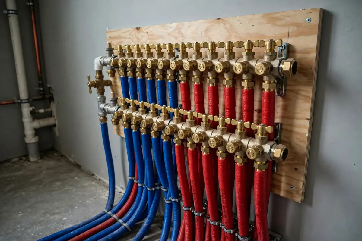 PEX manifold with labeled shutoff valves mounted on a utility wall
