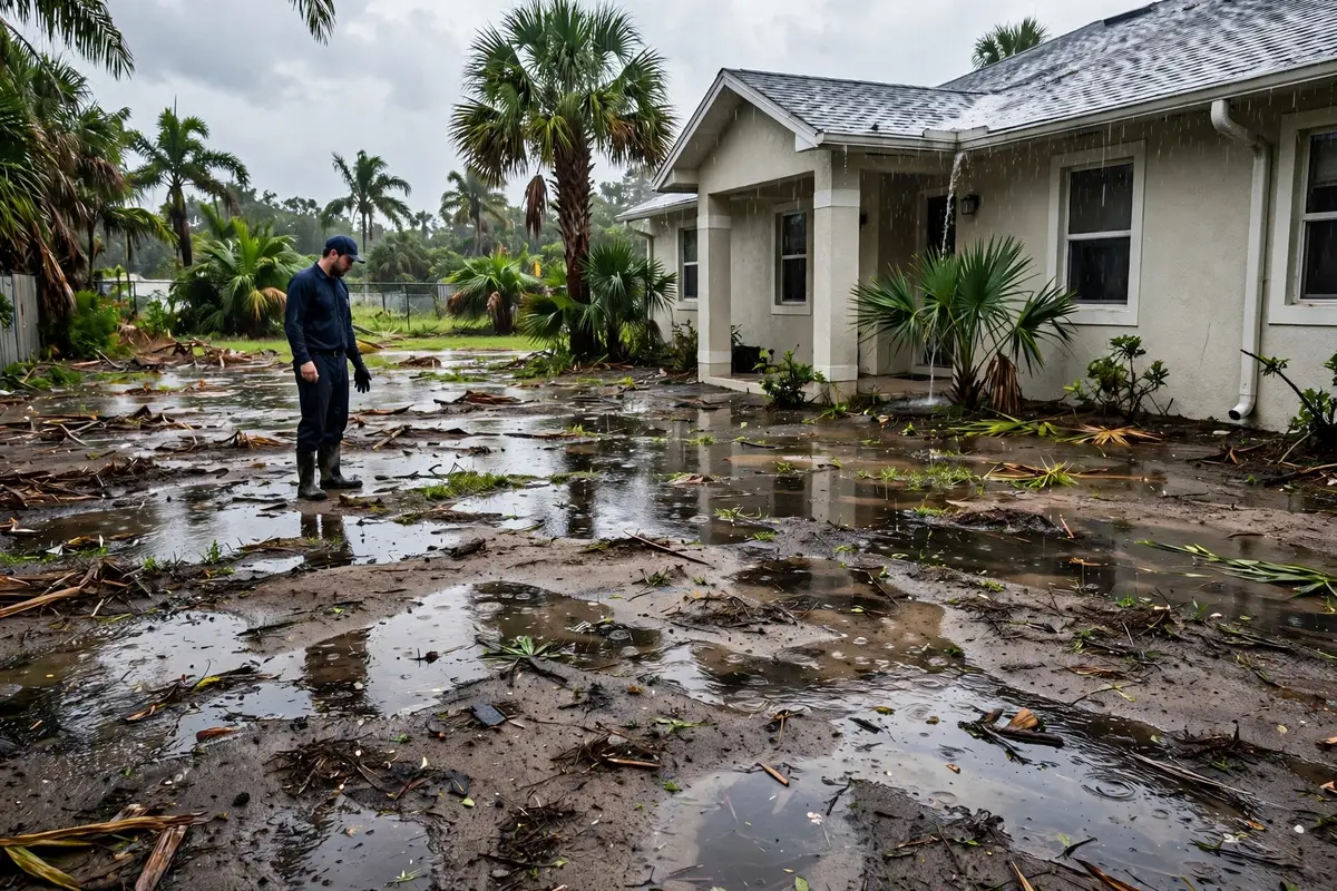 Saturated soil and standing water in a yard after a storm