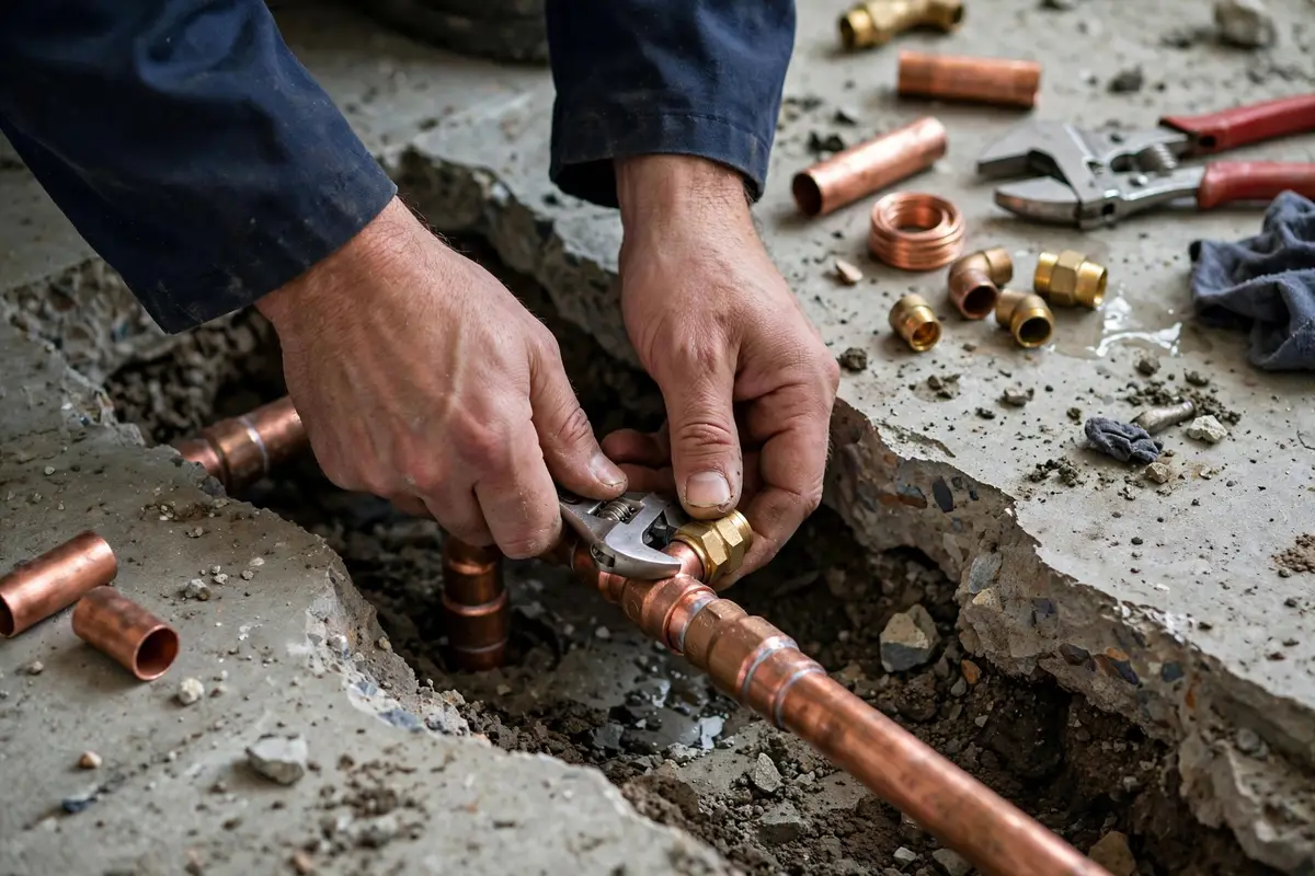 Plumber repairing a copper pipe inside an opened section of slab