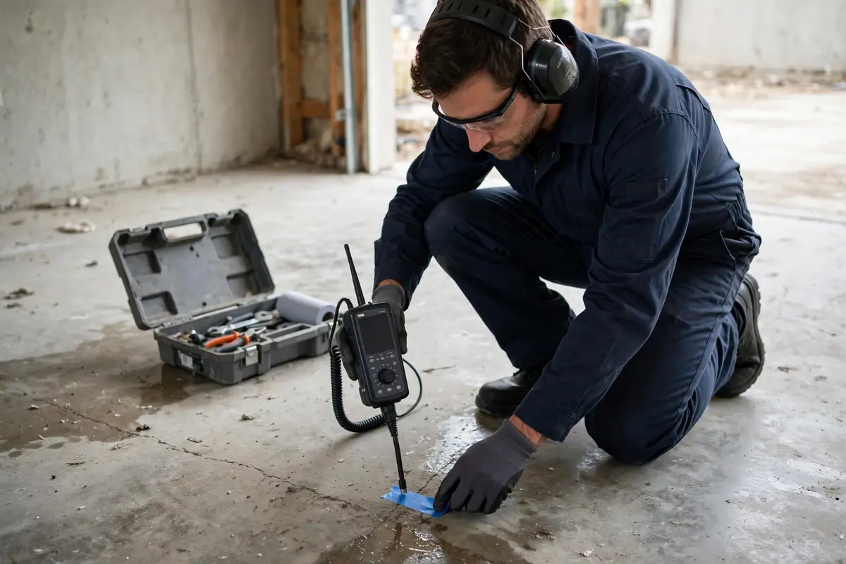 Technician pinpointing a slab leak with listening equipment