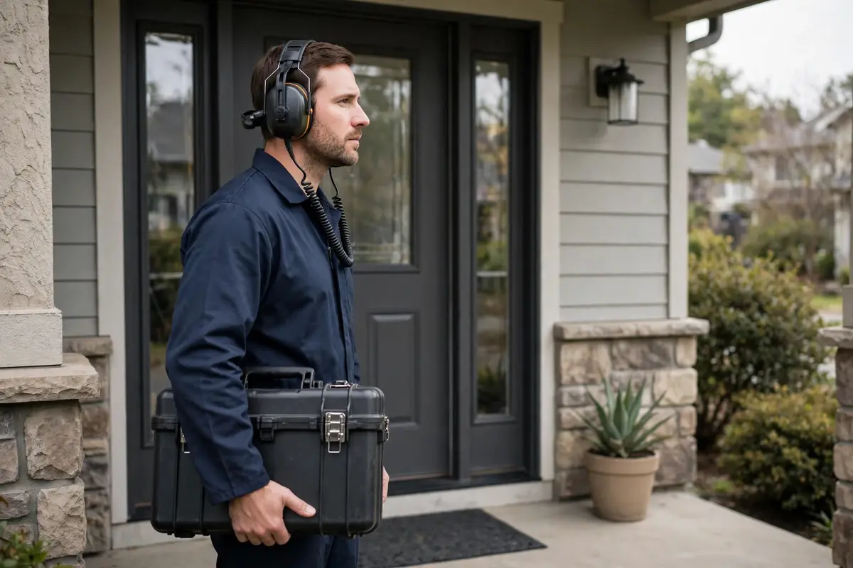 Technician with detection headphones at a home entrance
