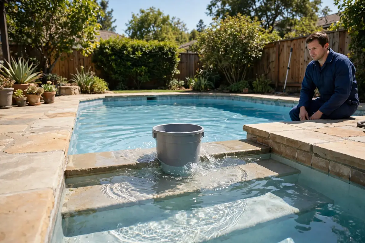 Bucket test setup on the steps of a backyard pool