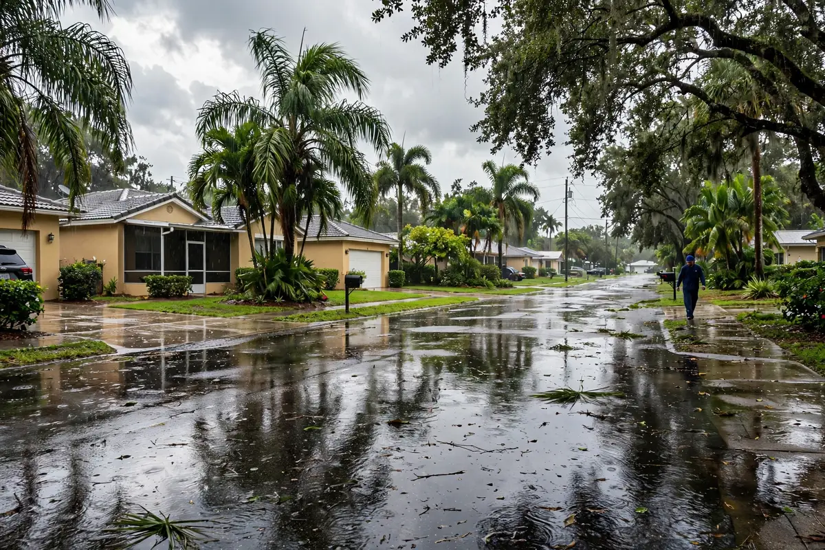 Rain soaked Florida street with palm trees
