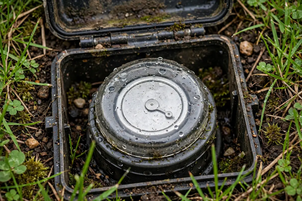 Water meter dial close up inside its box